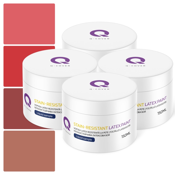 Set de esantioane de culoare, Vopsea latex Rezistenta La Pete, Q-COVER, pe baza de apa, usor de aplicat, rezistent la frecare, sigura pentru persoanele alergice, fara miros, tixotropa, Mat, 4 buc., 150ml, Nuante de rosu, Multicolor