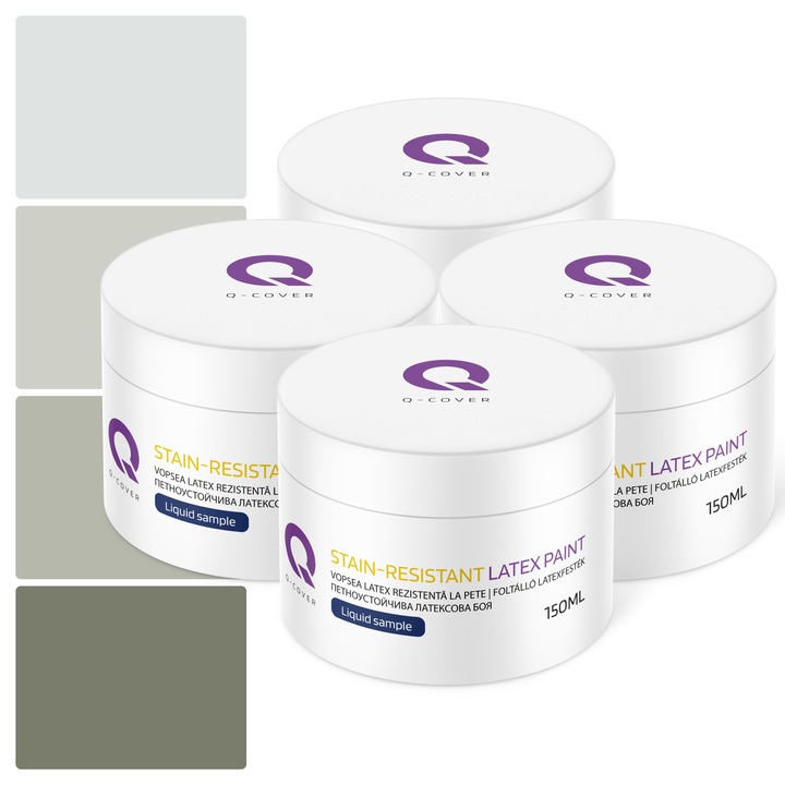 Set de esantioane de culoare, Vopsea latex Rezistenta La Pete, Q-COVER, pe baza de apa, usor de aplicat, rezistent la frecare, sigura pentru persoanele alergice, fara miros, tixotropa, Mat, 4 buc., 150ml, Nuante de kaki, Multicolor