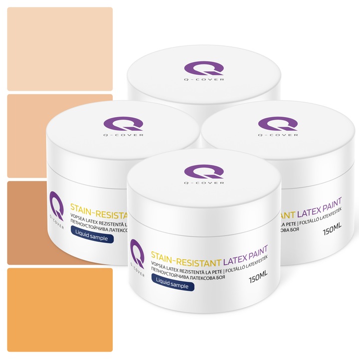 Set de esantioane de culoare, Vopsea latex Rezistenta La Pete, Q-COVER, pe baza de apa, usor de aplicat, rezistent la frecare, sigura pentru persoanele alergice, fara miros, tixotropa, Mat, 4 buc., 150ml, Nuante de portocaliu - piersica, Multicolor