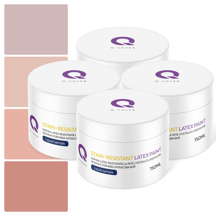 Set de esantioane de culoare, Vopsea latex Rezistenta La Pete, Q-COVER, pe baza de apa, usor de aplicat, rezistent la frecare, sigura pentru persoanele alergice, fara miros, tixotropa, Mat, 4 buc., 150ml, Nuante de roz inchis, Multicolor