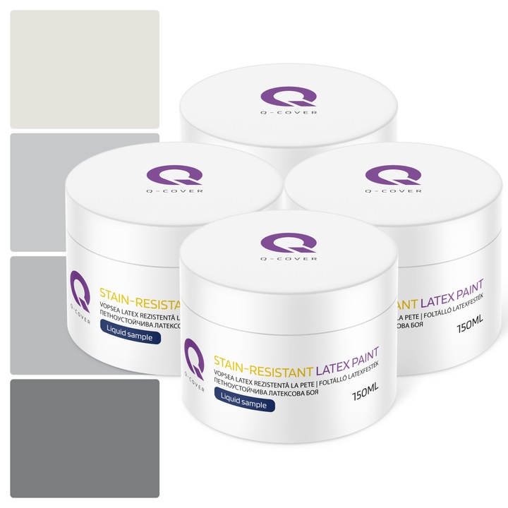 Set de esantioane de culoare, Vopsea latex Rezistenta La Pete, Q-COVER, pe baza de apa, usor de aplicat, rezistent la frecare, sigura pentru persoanele alergice, fara miros, tixotropa, Mat, 4 buc., 150ml, Nuante de gri, Multicolor