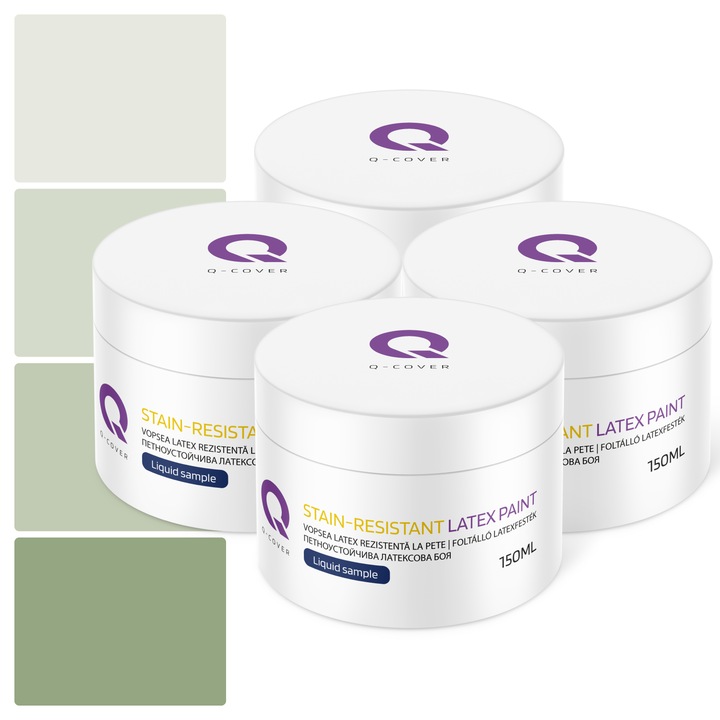 Set de esantioane de culoare, Vopsea latex Rezistenta La Pete, Q-COVER, pe baza de apa, usor de aplicat, rezistent la frecare, sigura pentru persoanele alergice, fara miros, tixotropa, Mat, 4 buc., 150ml, Nuante de verde masliniu, Multicolor