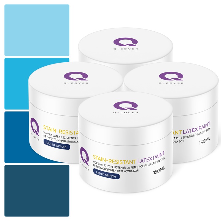Set de esantioane de culoare, Vopsea latex Rezistenta La Pete, Q-COVER, pe baza de apa, usor de aplicat, rezistent la frecare, sigura pentru persoanele alergice, fara miros, tixotropa, Mat, 4 buc., 150ml, Nuante de albastru, Multicolor