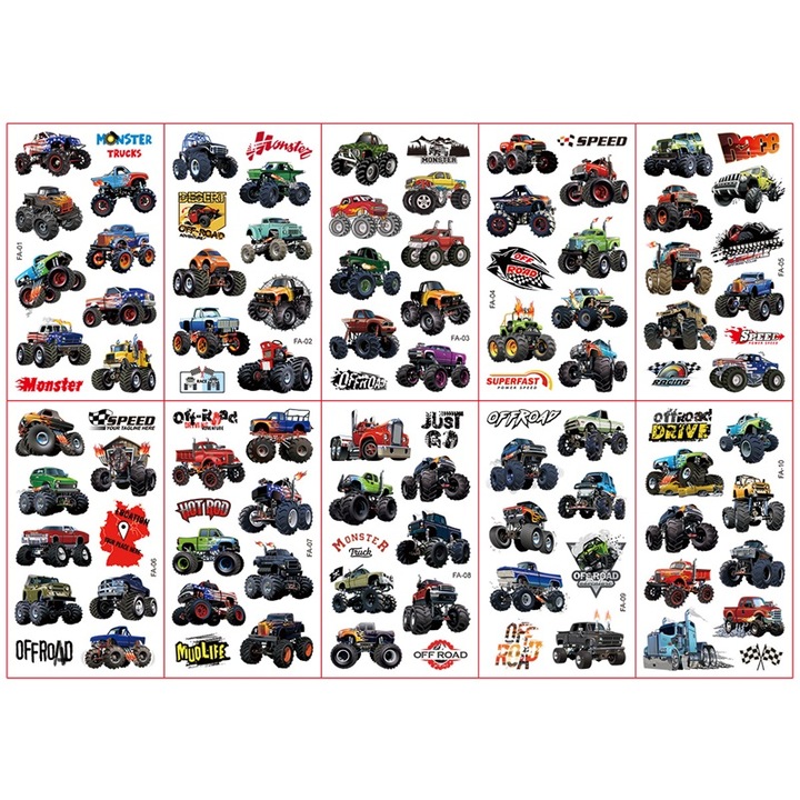 Set 10 Foi Tatuaje Temporare pentru Copii, Camioane Colorate, 6.8x12cm, Multicolor