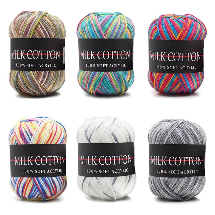 Set complet de crosetat, fir de bumbac, acril, multicolor, pentru saluri, pulovere pentru copii, 6 bucati