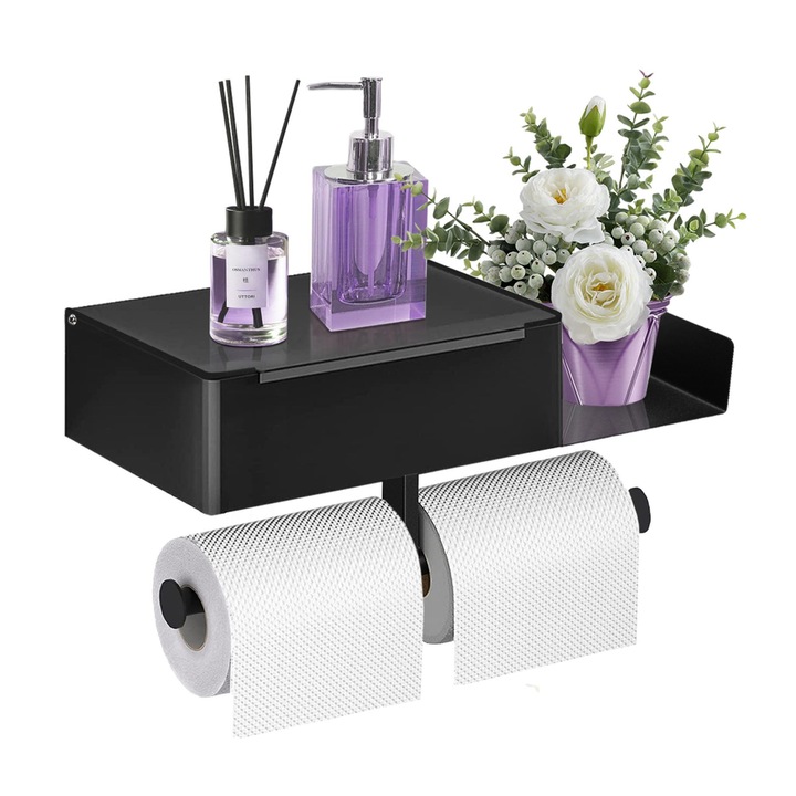 3 in 1 Suport hartie igienica, CooTooLa®, cu Cutie de Depozitare, spatiu pentru 2 role de hartie, kit de montare inclus, Otel inoxidabil, Negru