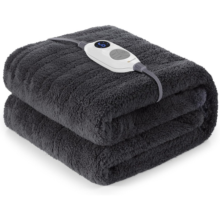 Електрическо одеяло, 130 x 180 см, фланел, 6 температурни нива, защита от прегряване, може да се пере, за легло, сив
