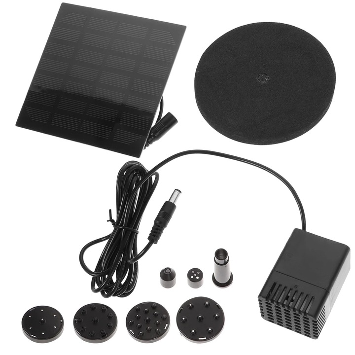 Pompa de apa solara, 1.2W, 200L/h, 4 capete de pulverizare, negru, 11x11x3.5cm