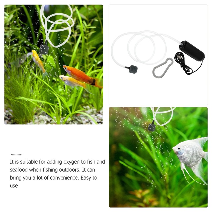 Pompa de aer USB pentru acvariu, set mini aerator oxigen, 8x3.2cm, material ABS, cu accesorii de culoare aleatorie