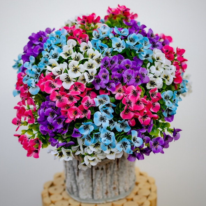 Set 8 Buchete Flori Artificiale, Panselute, ARKOTEX, Rezistente UV, Plastic, Multicolor, 35cm Inaltime