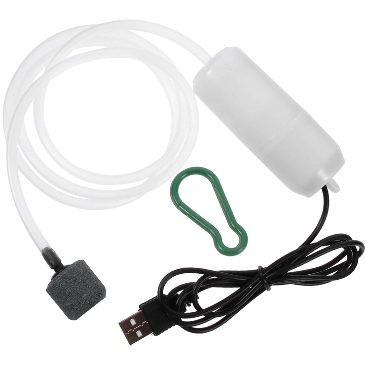 Pompa de aer USB pentru acvariu, set mini aerator oxigen, 8x3.2cm, material ABS, culoare aleatoare
