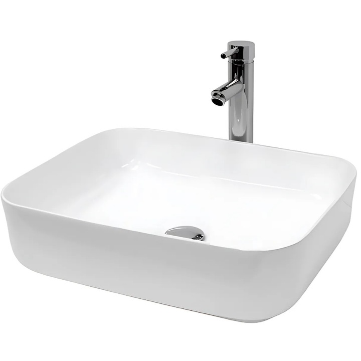 Lavoar pe blat Promerco®, design modern si elegant, forma ascutita pentru un aspect sofisticat, dimensiuni 50.5 x 39.5 x 10 cm, material rezistent, alb, ideal pentru bai contemporane, cod 015