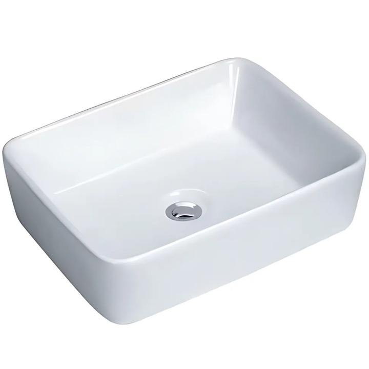 Lavoar pe blat Promerco®, chiuveta dreptunghiulara din ceramica, design modern si rafinat, finisaj alb Premium, dimensiuni 48.5 x 38 x 14 cm, potrivit pentru bai elegante, cod 013