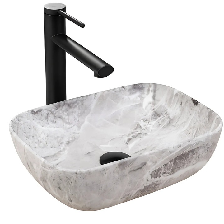 Lavoar pe blat Promerco®, model mini cu finisaj mat, imitatie piatra naturala, fabricat din ceramica sanitara premium, dimensiuni compacte 36 x 25 cm, culoare gri, design modern si elegant, cod 051