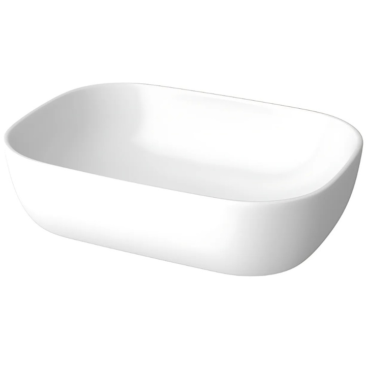 Lavoar pe blat Promerco®, model rectangular, compatibil cu blaturi si dulapuri pentru baie, fabricat din samota ceramica rezistenta, dimensiuni 50 x 15 cm, adancime 36 cm, design alb, modern pentru bai elegante, cod 050
