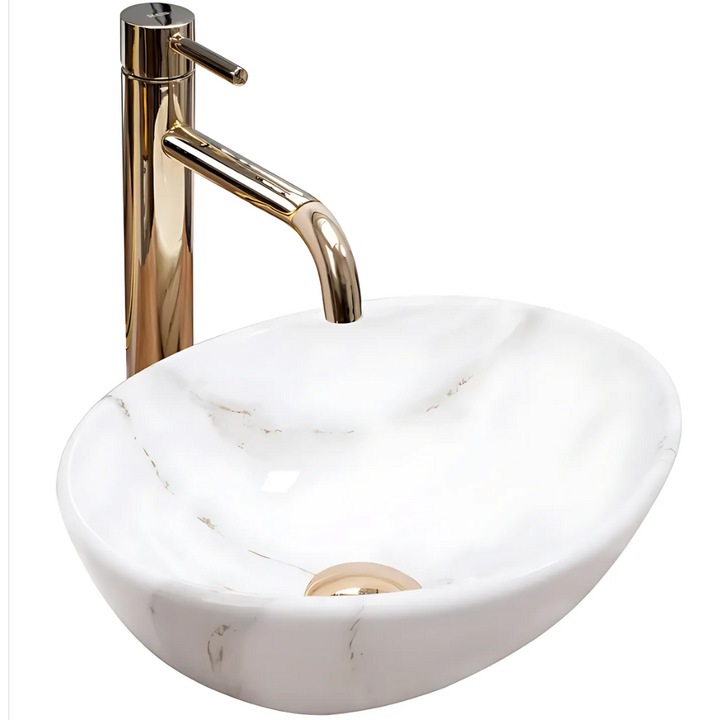 Lavoar mini pe blat Promerco®, model oval din ceramica sanitara lucioasa, fara preaplin, design compact si elegant, dimensiuni 36 x 29.5 x 10.5 cm, ideal pentru bai moderne, alb, cod 048