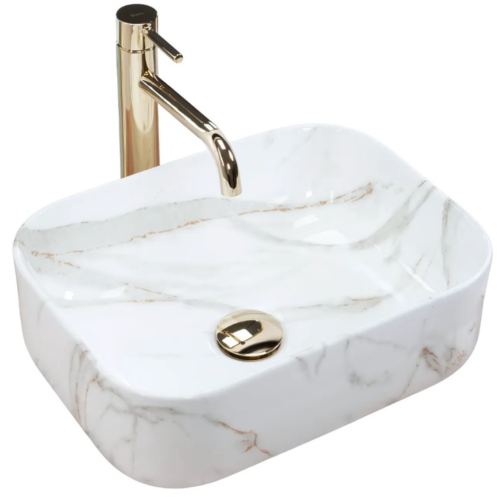 Lavoar pe blat Promerco®, model Mini, ceramica sanitara Premium, design elegant alb cu model decorativ, dimensiuni 40x30.5 cm, potrivit pentru bai moderne, cod 047