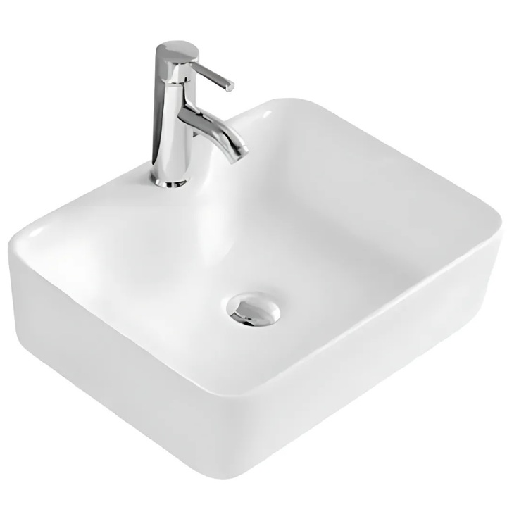 Lavoar Premium Promerco®, design modern si elegant, forma dreptunghiulara, montare pe blat, fabricat din ceramica sanitara cu finisaj lucios, orificiu pentru baterie inclus, dimensiuni 48 x 37 x 13 cm, alb, cod 043