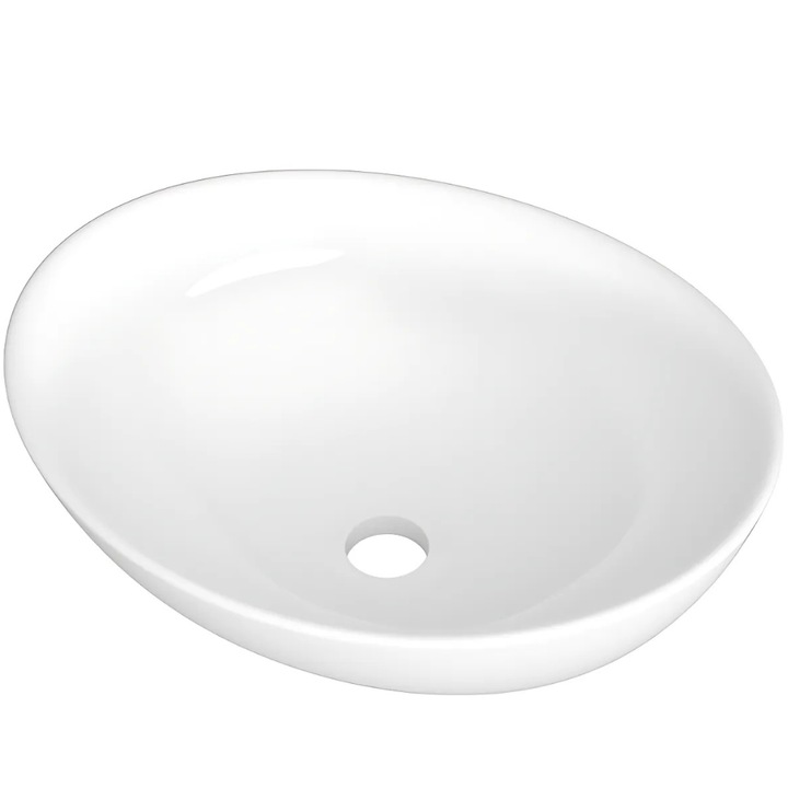 Lavoar pe blat Promerco®, model oval elegant, fabricat din ceramica sanitara premium, finisaj alb lucios, design modern si compact, dimensiuni 40 x 32.5 x 15 cm, ideal pentru bai contemporane