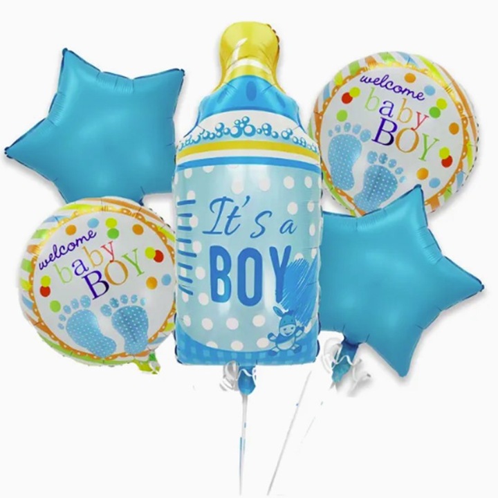 Baloane decorative GENDER REVEAL PARTY, Flippy, Figurina Sticluta, Model IT'S A BOY, Set din 5 baloane, 40 x 77 cm, pentru Botez, Albastru