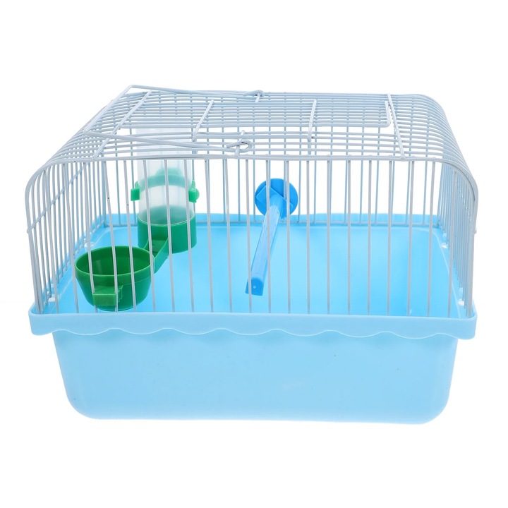 Colivie portabila pentru pasari, albastra, 23.60x16.70x16.00cm, cu suport, cutie de hrana si dispenser de apa