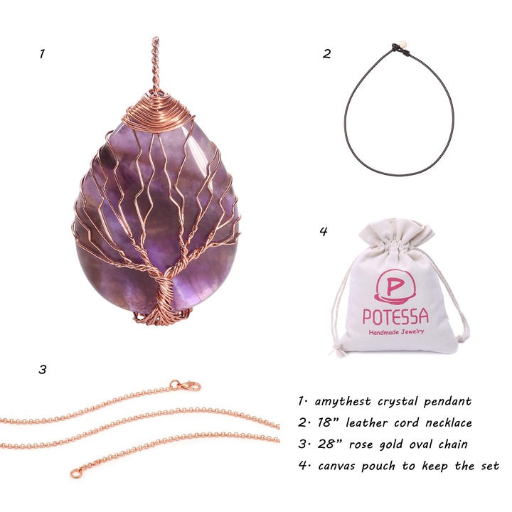Colier unisex din ametist cu pandantiv mare, cordon din piele neagra, lant roz aurit, 1.22x2 inch