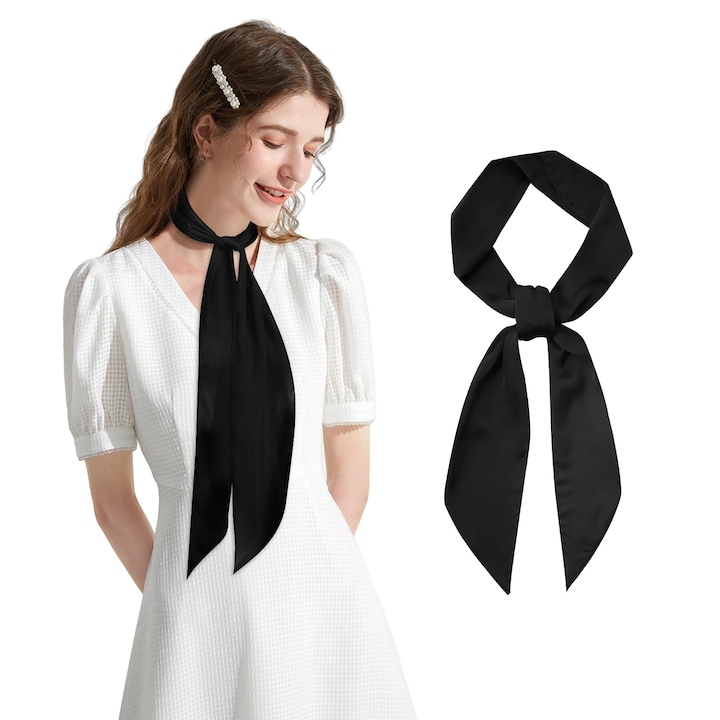Esarfa tip cravata din matase satin, GOGOU®,138x13cm, Negru