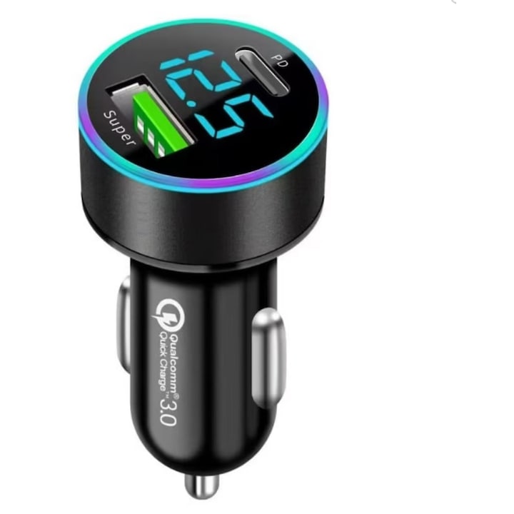 Autós töltő, 86 W-os szupergyors töltésű autós töltő, 2 USB és Type-C port, gyorstöltés 3.0, fekete