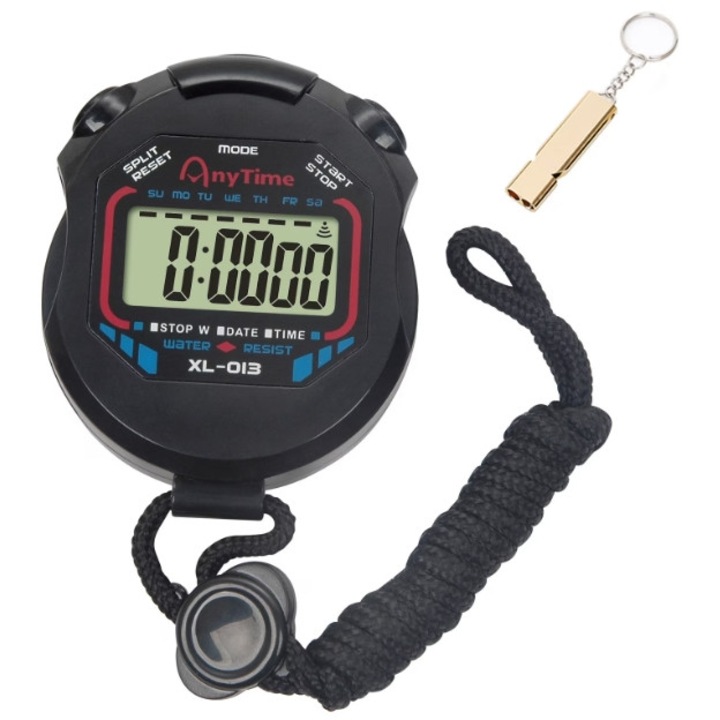 Digitális stopperóra és síp készlet, sportstopperóra, nagy LCD kijelző, kijelzi az időt és a dátumot, beállítható ébresztő, iránytű funkció, fekete