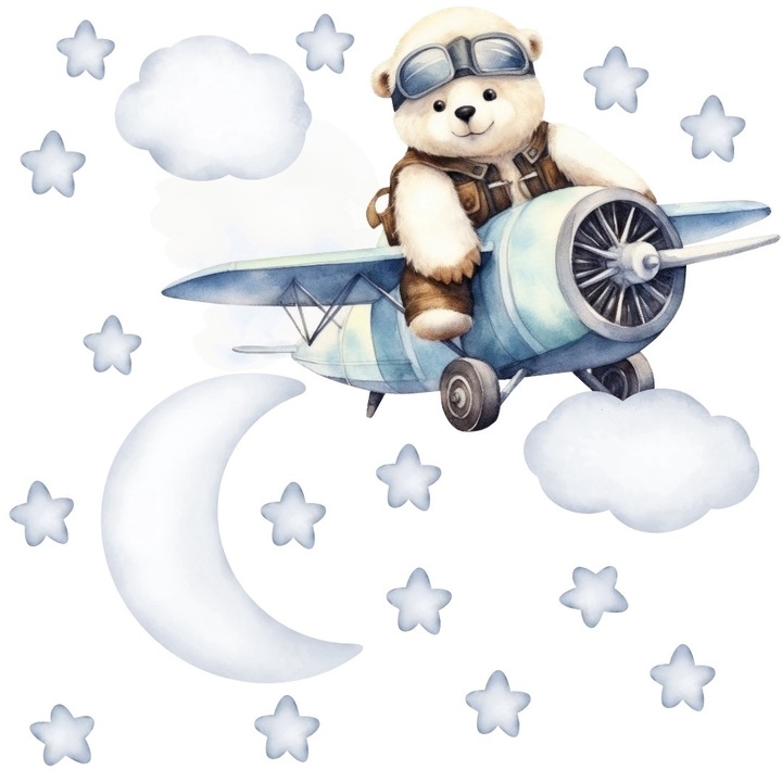 Autocolante decorative pentru perete, Pentru copii, Urs in avion, Luna, Nori, Stele, Folie autoadeziva mata, 50x100 cm, Set 1 bucata, Multicolor