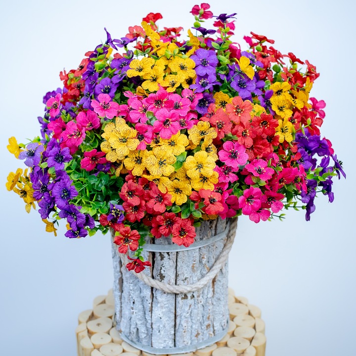 Set 8 Buchete Flori Artificiale, ARKOTEX, Rezistente UV, Plastic, Multicolor, 35cm Inaltime