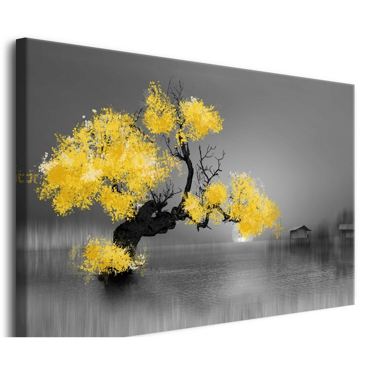 Tablou pe panza, Copac galben pe fundal gri, 120 cm x 80 cm, Cu rama, Print digital, Cerneala ecologica, Cadou decorativ, Tema natura, Orientare peisaj, Culoare galbena