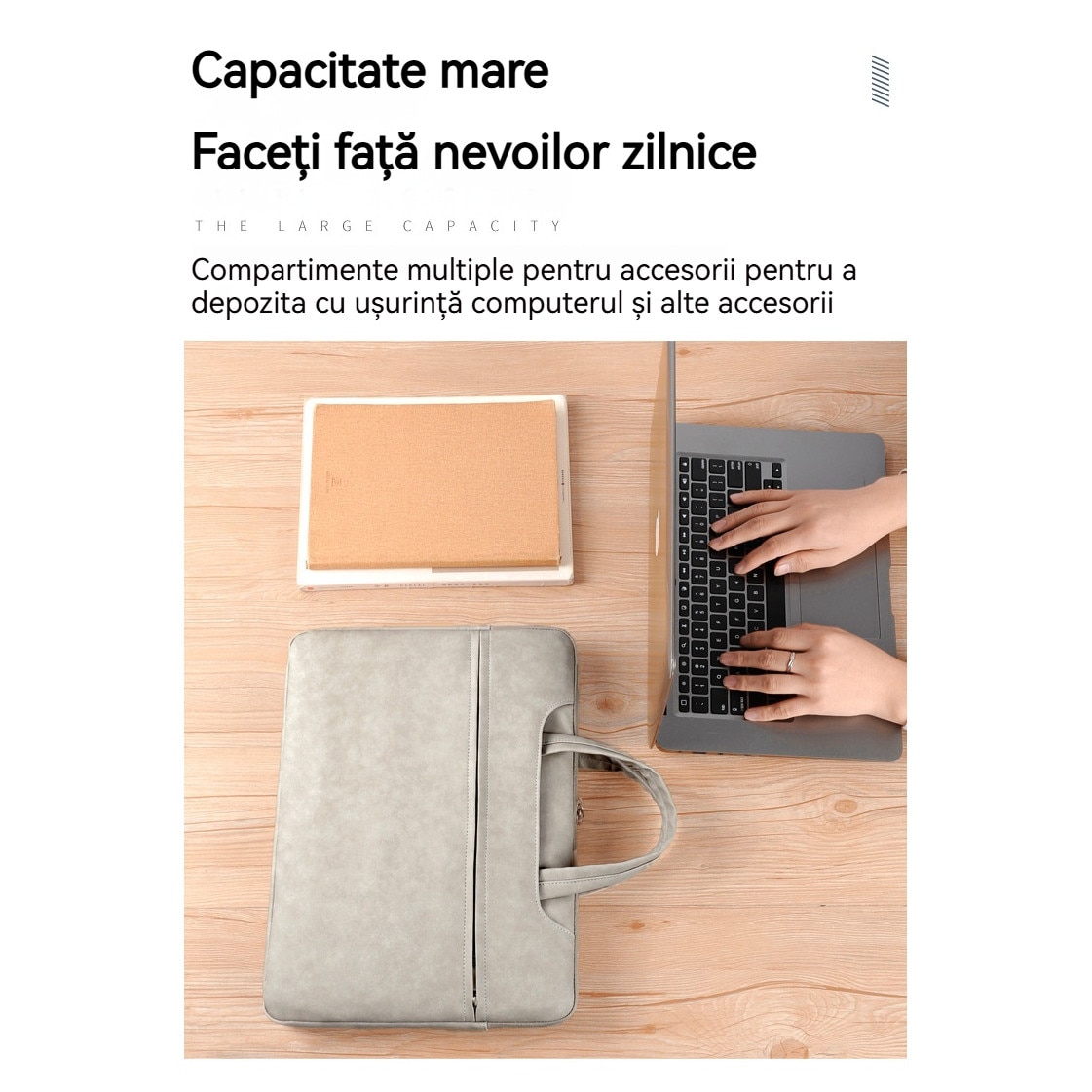 Geanta portabila pentru laptop, 15.6 inch, Fudisenn, potrivita pentru Lenovo Mac book Pro, Air, Huawei, etc., material din piele, interior din catifea, rezistenta la apa si la socuri, geanta de mana, doua buzunare frontale, gri deschis