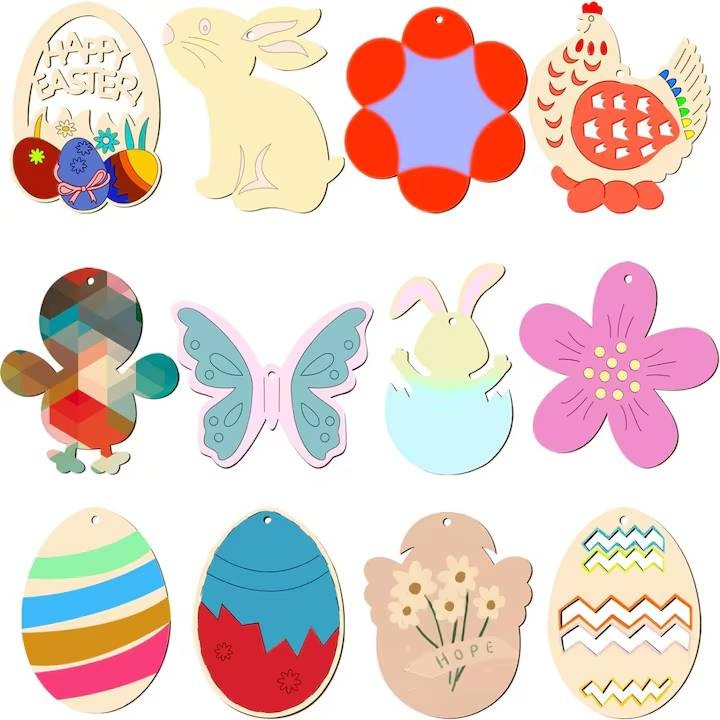 Pandantive de Paste din lemn pentru colorat si pictat, Decoratiuni de Paste cu sfoara, Artizanat de Paste, Ornamente din lemn, Pandantive DIY, Artizanat de Paste pentru copii, 14 modele, 14 bucati