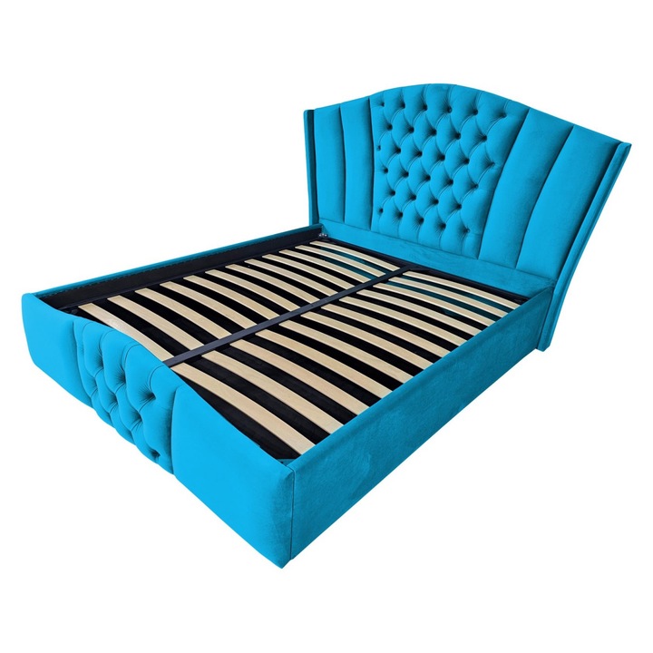 Pat tapitat Majestic,120x200cm, somiera metalica rabatabila, spatiu depozitare, albastru azur