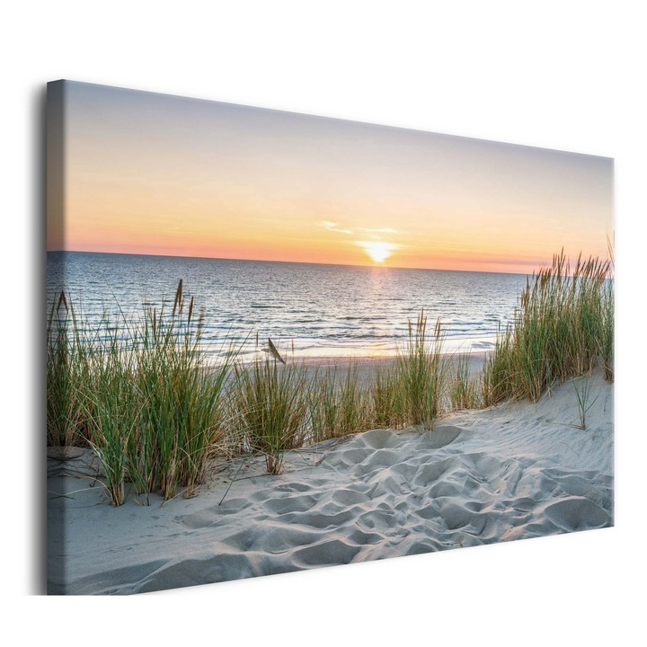 Tablou pe panza, Peisaj de mare, Apus de soare, 120 cm x 80 cm, Albastru, Cu rama, Imprimare digitala, Cernele ecologice, Gata de agatat