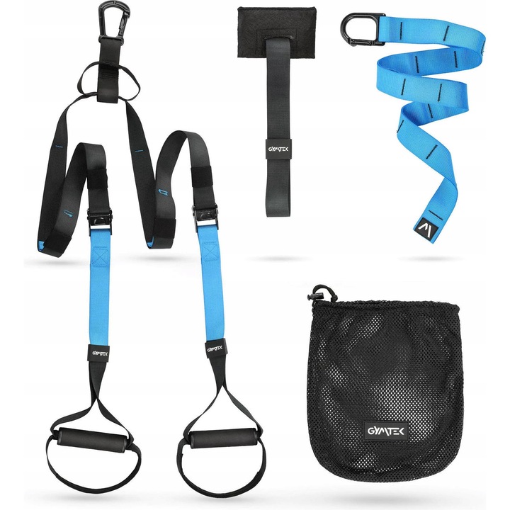 Set benzi elastice Gymtek, 3,8cm x 145cm, 250kg, cu manere din spuma, sac din plasa