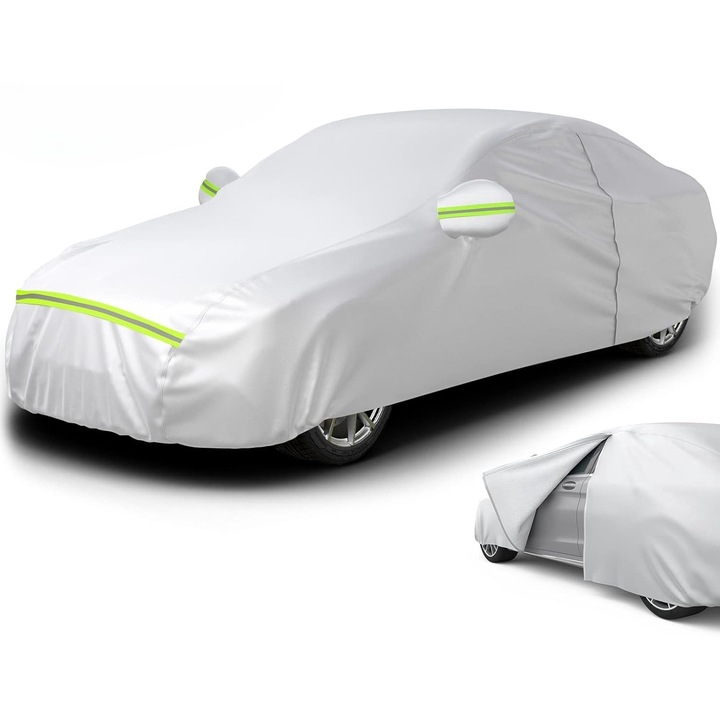 Prelata Auto XL, Cu Benzi Reflectorizante, Buzunare Oglinzi, Fermoar Usa Sofer, Material Premium, Husa Saculet Depozitare, 100% Rezistenta la Apa, 490 x 190 x 150cm, argintiu