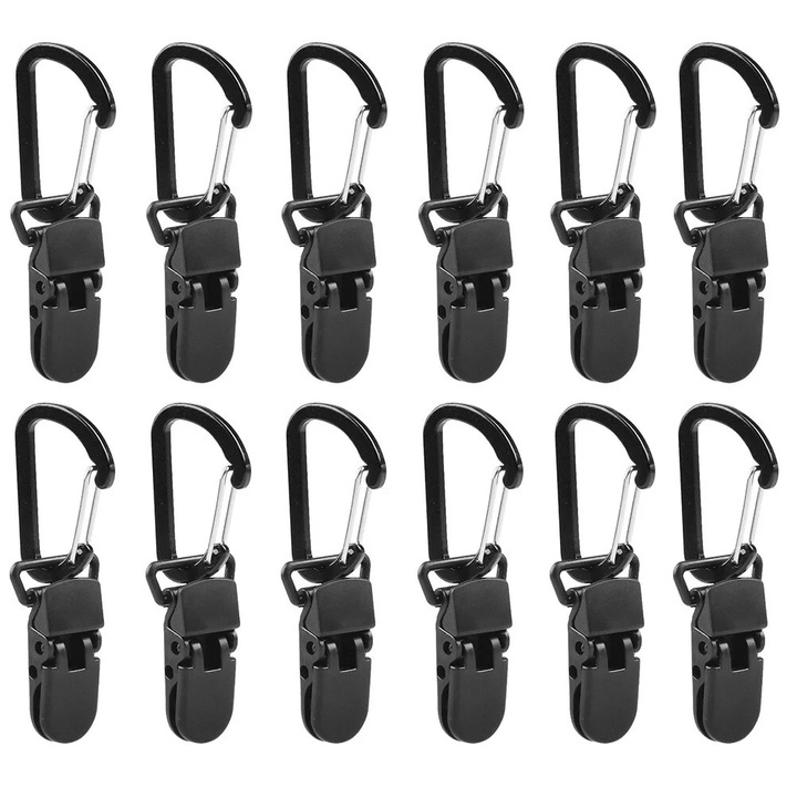 Set 12 clips pentru tarp, accesorii corturi, plastic, negru, 7.50x2.50x1.50cm