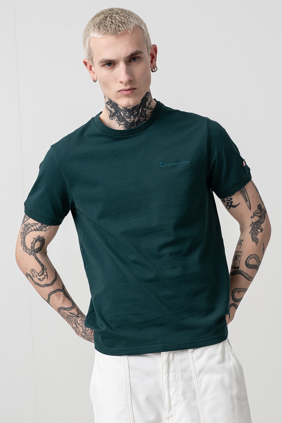 Champion, Tricou cu logo brodat, Verde englez, XL