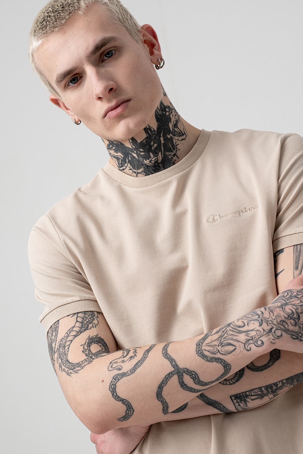 Champion, Tricou cu logo brodat, Bej, XL