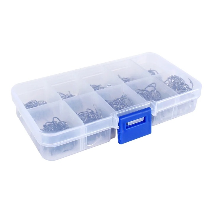 Set 600 carlige de pescuit din otel carbon, dimensiuni 3-12, argintii, 13x6.7x2.2cm