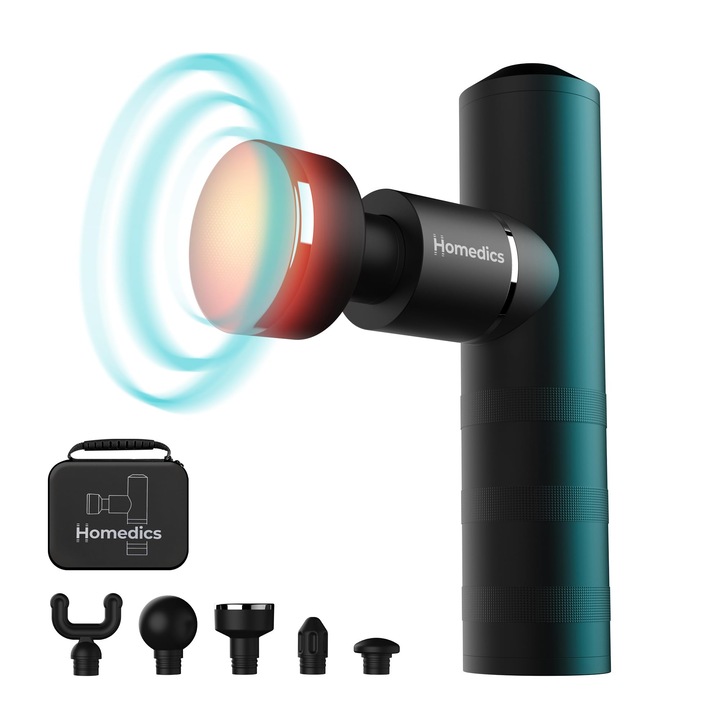 Мини масажен пистолет Homedics MYTI - с отопление, 5 глави, 4 скорости, преносим, за мускулна релаксация