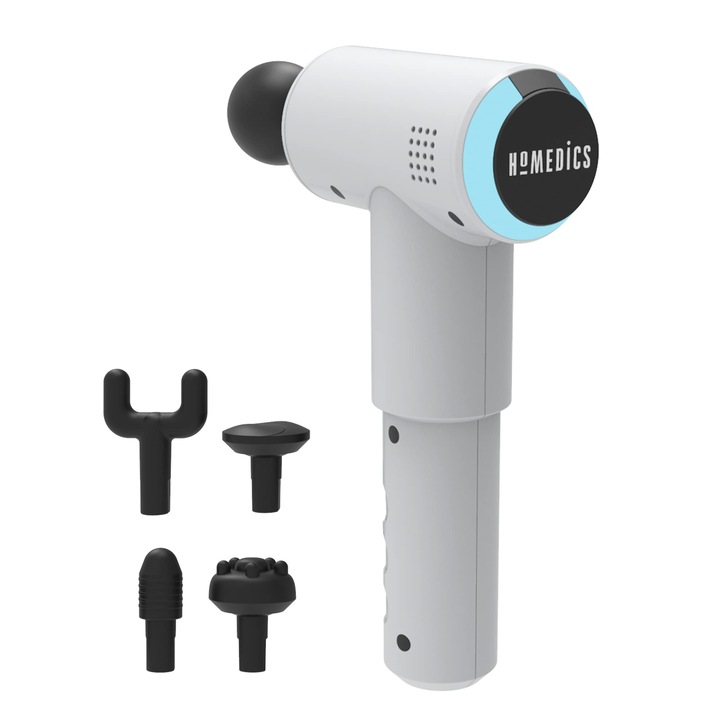 Мини масажен пистолет HoMedics - 5 глави, преносим, за дълбока релаксация, бял