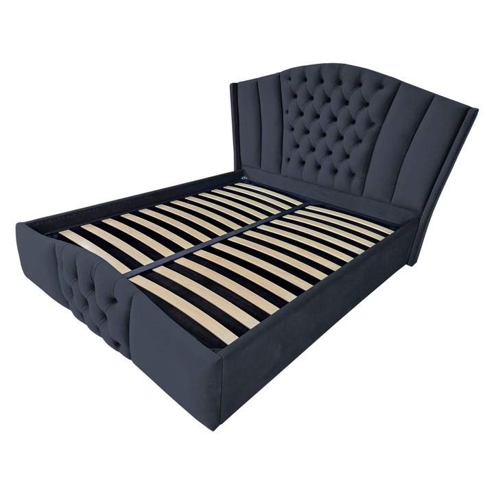 Pat tapitat Majestic,140x200cm, somiera metalica rabatabila, spatiu depozitare, gri antracit