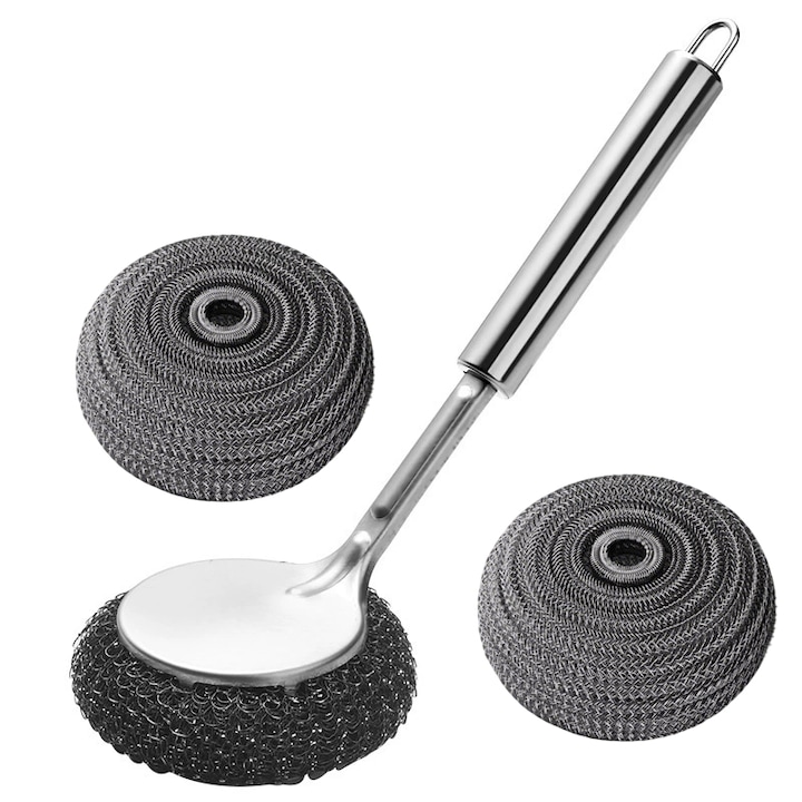 Perie pentru curatat oale, inox, cu burete de otel si 2 rezerve