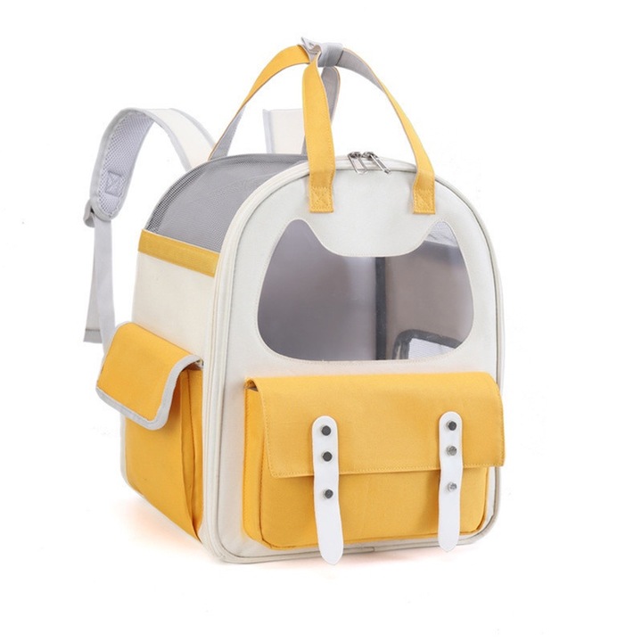 Rucsac pentru pisici si caini mici, cu fereastra, material Oxford, 32x23x40cm, alb/galben