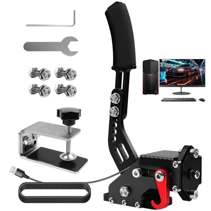 Frana de Mana pentru PC, SANSES, cu Armaturi, USB, Design Reglabil, Senzor Hall pe 14 Biti, Constructie Durabila din Aluminiu, Negru/Rosu