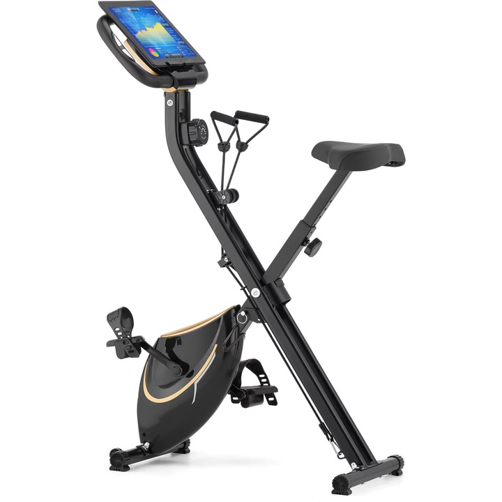 Bicicleta fitness magnetica pliabila FX600, neagra/aurie, 120kg, cu suport pentru tableta, 74x44x116cm
