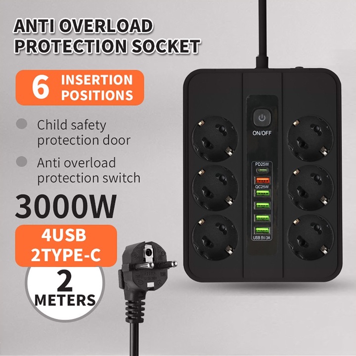 Разклонител 3000 W, Noonedibs, 6 изхода, защита за деца, 4 USB, 2 Type-C, 2 м кабел, превключвател за претоварване, бързо зареждане, защита с множество предпазители
